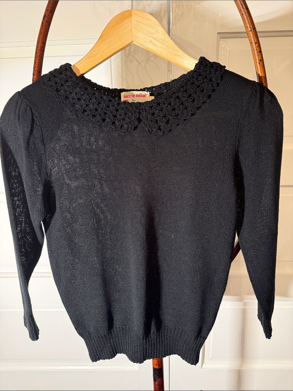 Vintage Nicole Miller Black Crochet Collar Sweater Shoulder Pad Knit